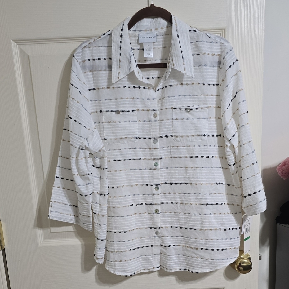 Alfred Dunner Ivory and Charcoal Striped Blouse